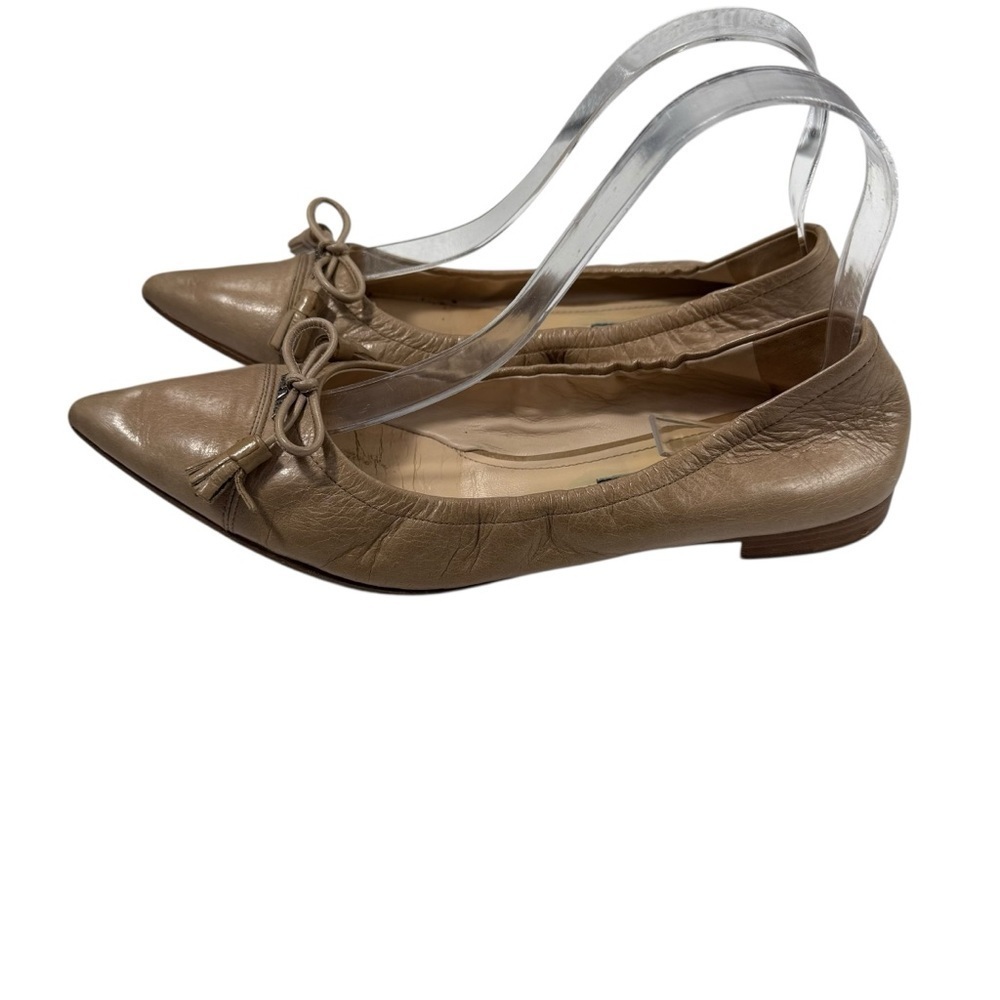 Prada pointed toe beige leather ballet flats with bow tassel 38.5 /8 - Picture 3 of 11